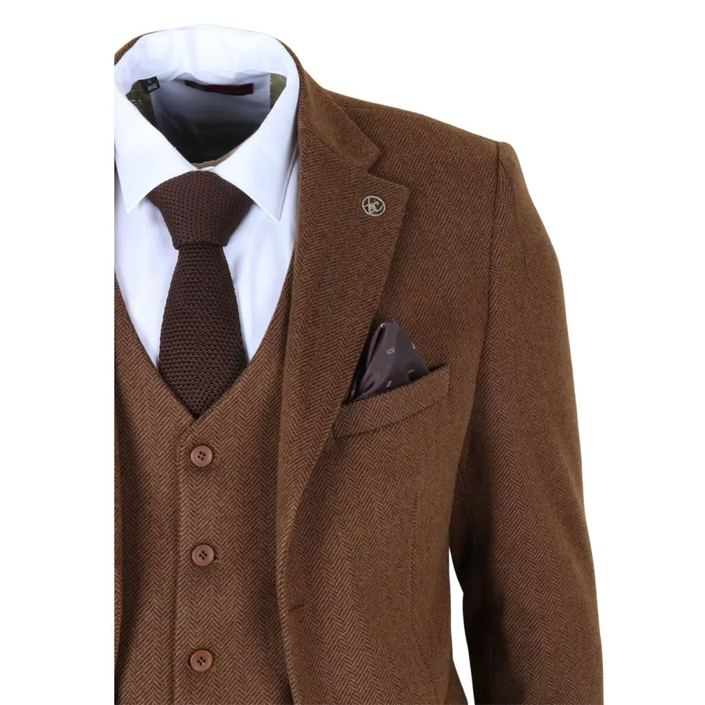 IM42 - Men's Brown 3 Piece Tweed Herringbone Suits
