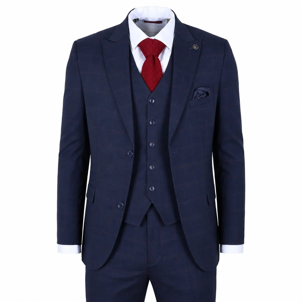 IM54 - Men's Navy Blue Check Tailored Fit 3 Piece Suit