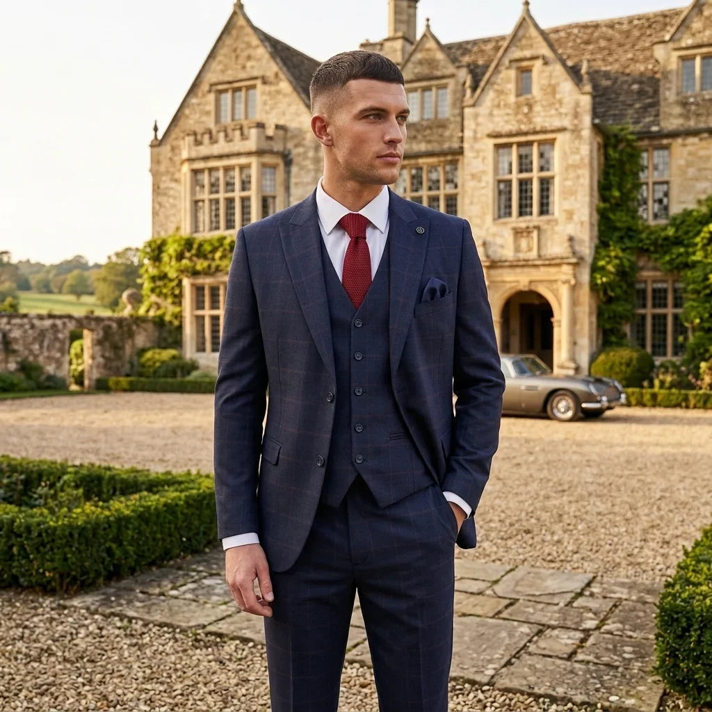IM54 - Men's Navy Blue Check Tailored Fit 3 Piece Suit