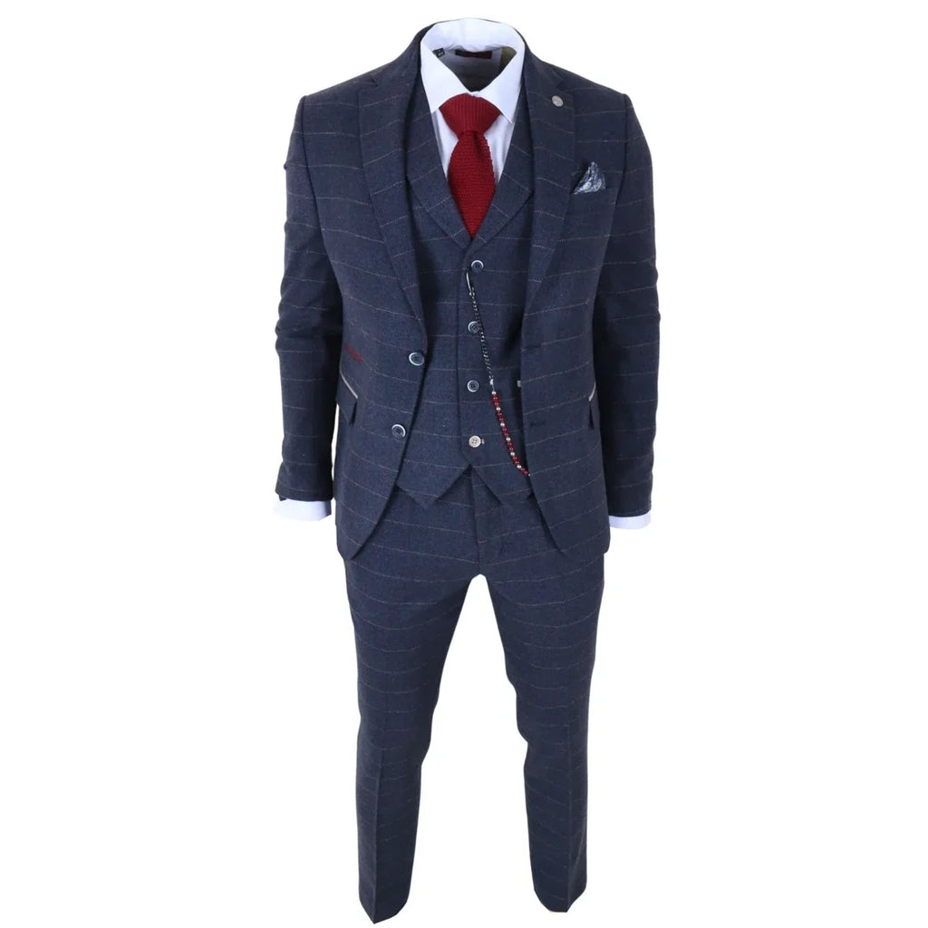 TP-32 - Men's Navy Blue 3 Piece Wool Blend Tweed Suit