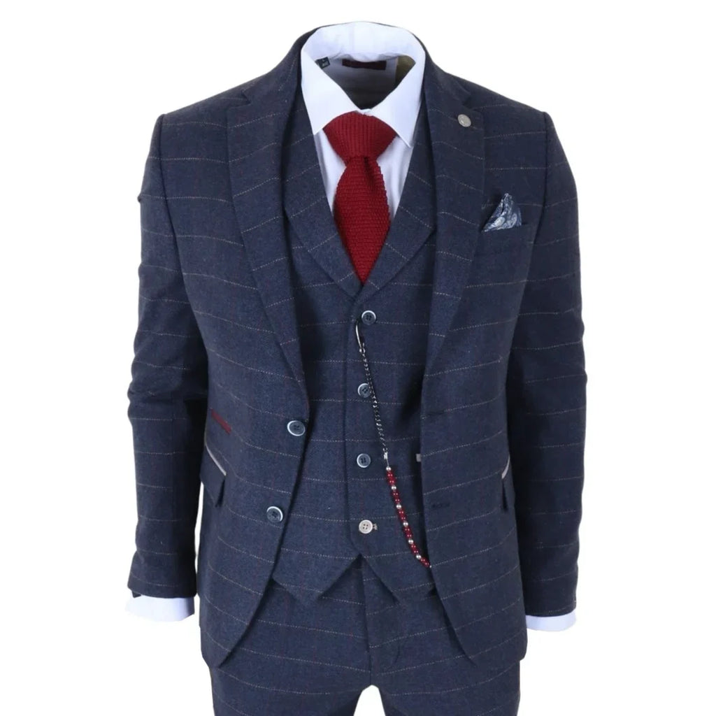 TP-32 - Men's Navy Blue 3 Piece Wool Blend Tweed Suit