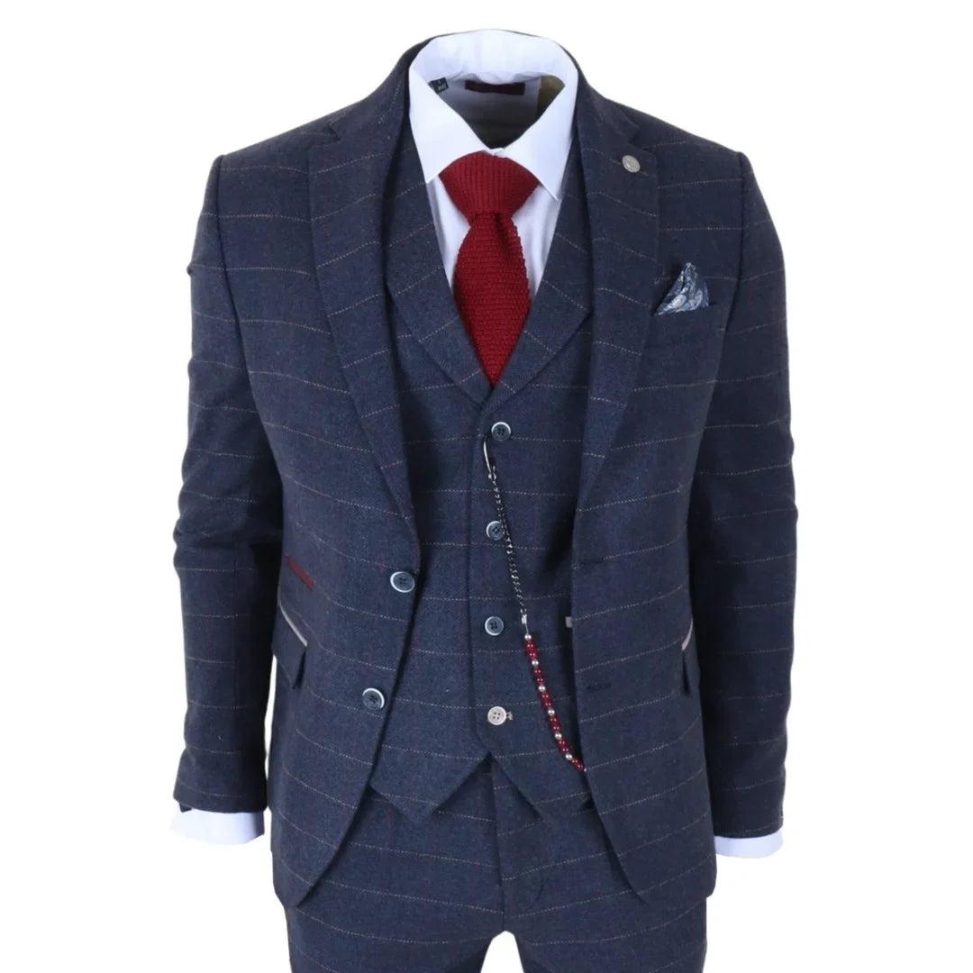 TP-32 - Men's Navy Blue 3 Piece Wool Blend Tweed Suit