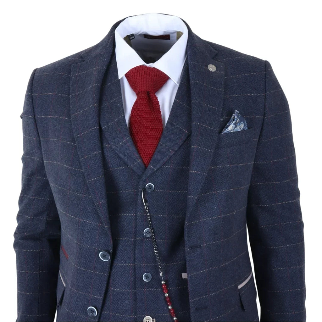 TP-32 - Men's Navy Blue 3 Piece Wool Blend Tweed Suit