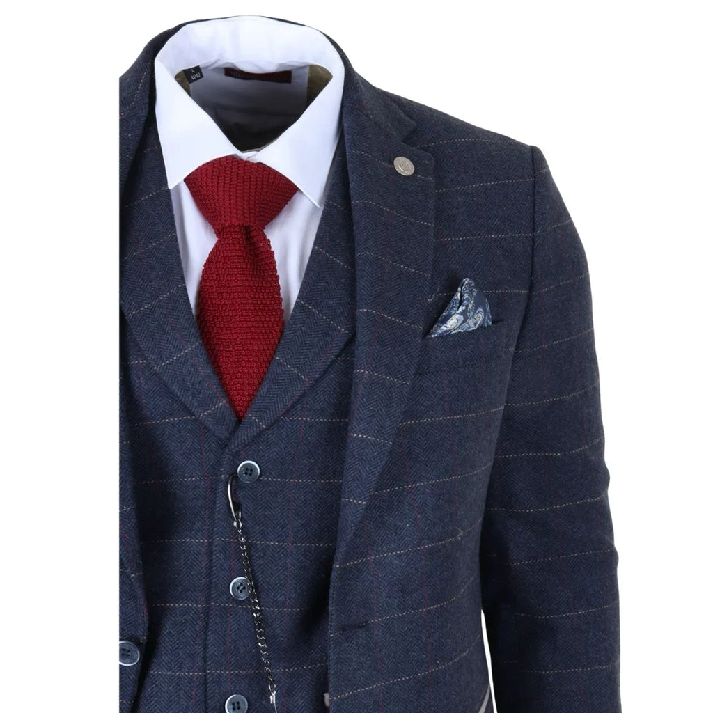 TP-32 - Men's Navy Blue 3 Piece Wool Blend Tweed Suit