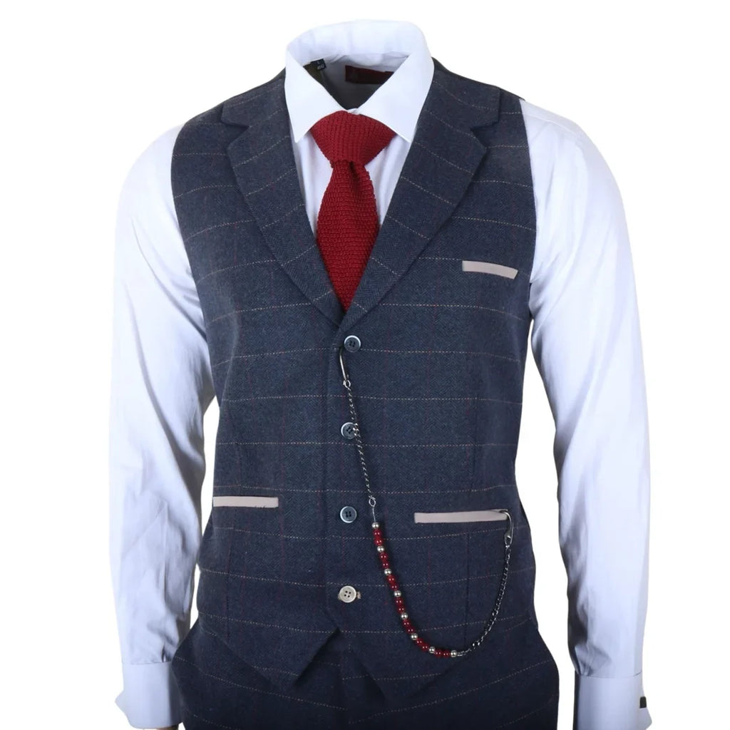TP-32 - Men's Navy Blue 3 Piece Wool Blend Tweed Suit