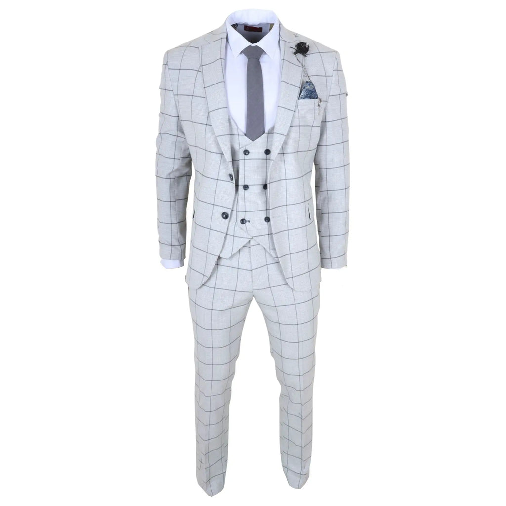 TP-33 - Men's 3 Piece Tailored Fit Grey Plaid Check Suit