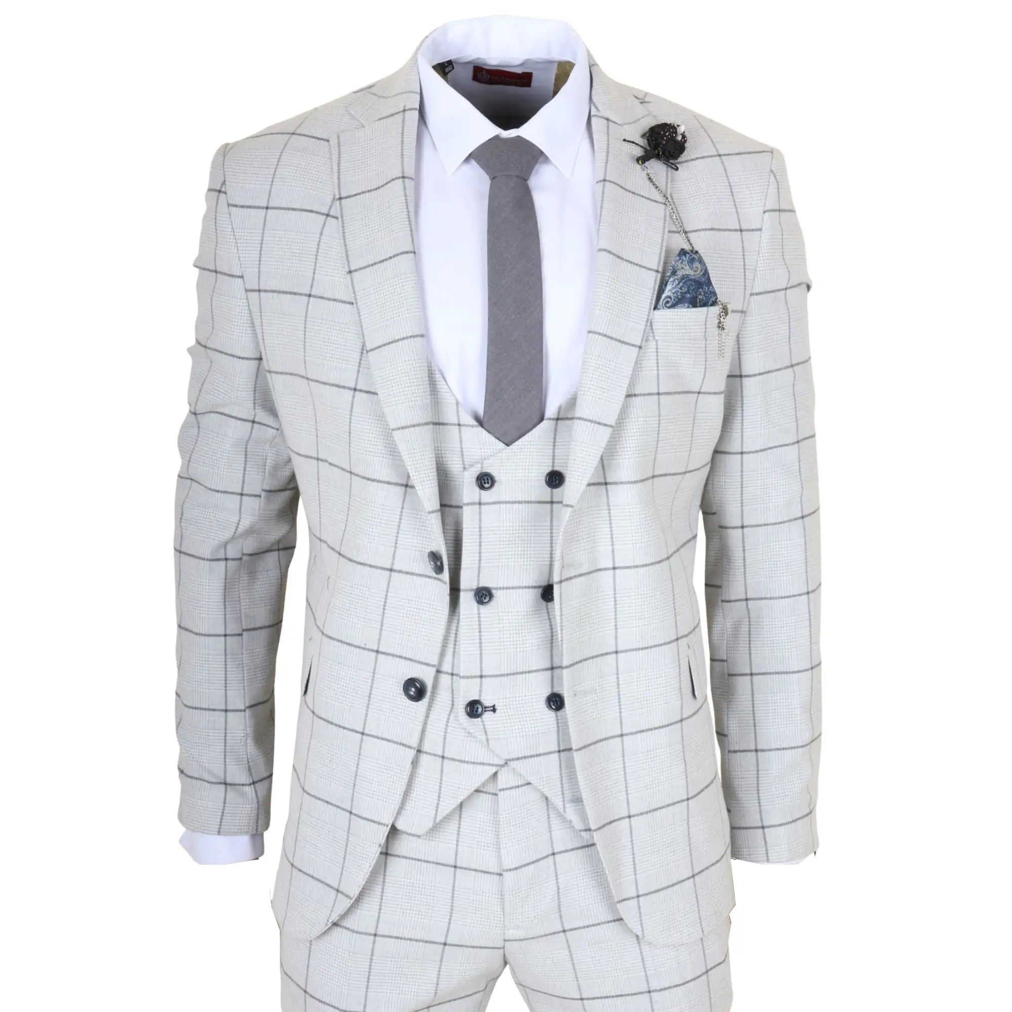 TP-33 - Men's 3 Piece Tailored Fit Grey Plaid Check Suit
