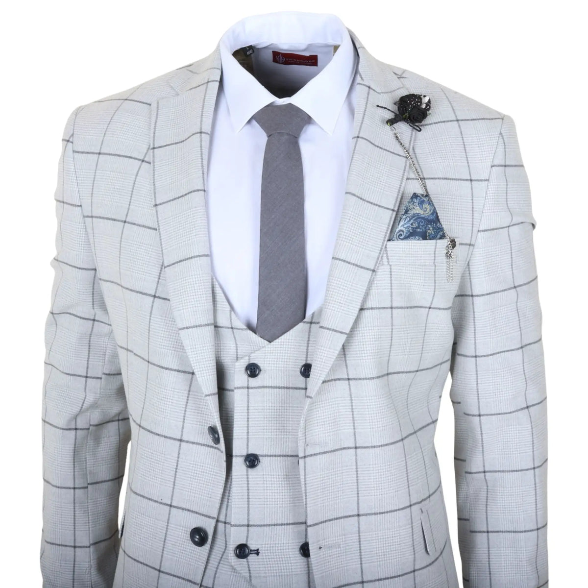 TP-33 - Men's 3 Piece Tailored Fit Grey Plaid Check Suit