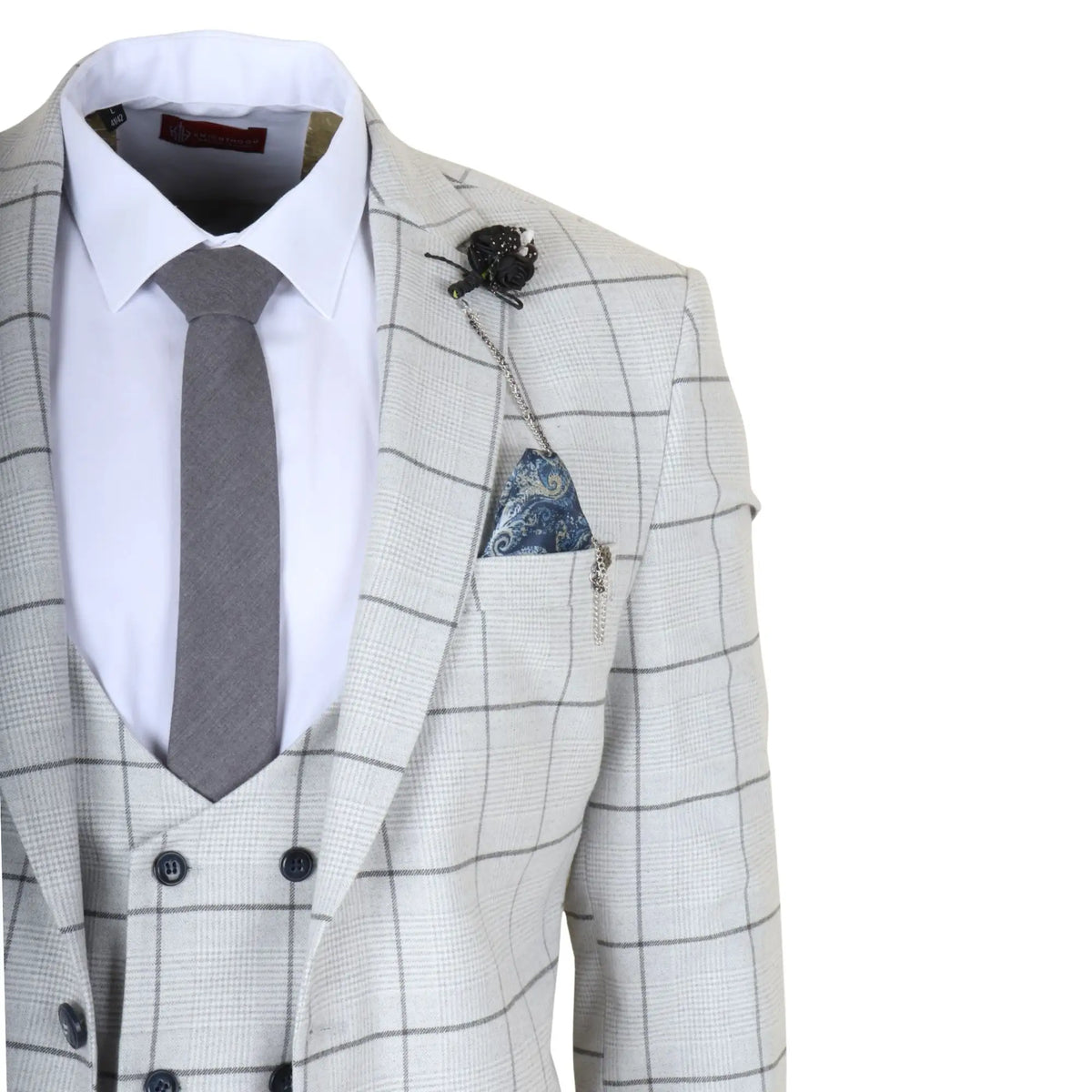 TP-33 - Men's 3 Piece Tailored Fit Grey Plaid Check Suit
