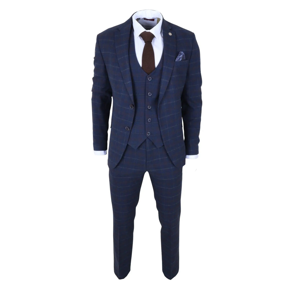 TP-34 - Men's 3 Piece Navy Plaid Check Tailored Fit Suit
