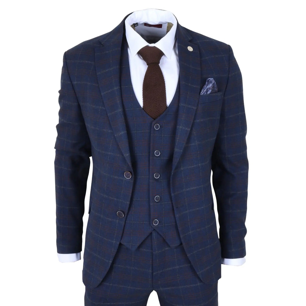 TP-34 - Men's 3 Piece Navy Plaid Check Tailored Fit Suit