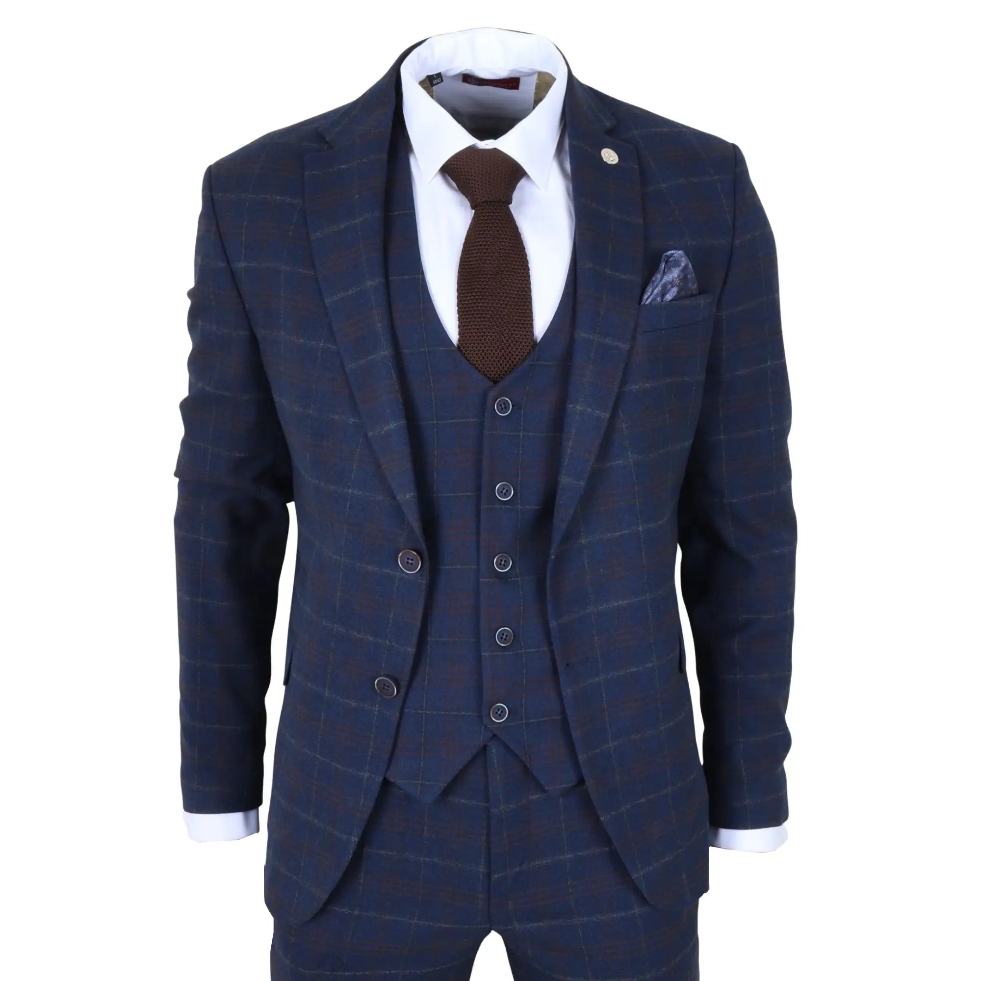 TP-34 - Men's 3 Piece Navy Plaid Check Tailored Fit Suit