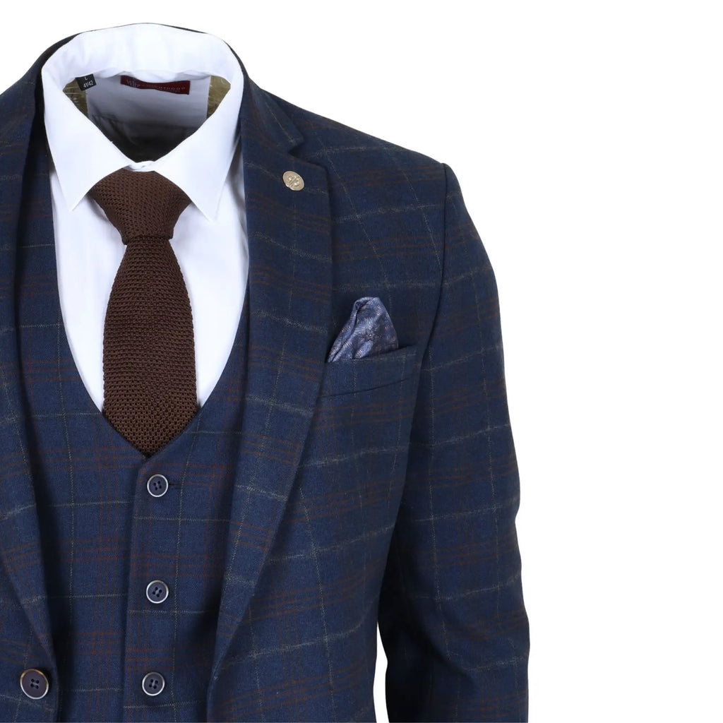 TP-34 - Men's 3 Piece Navy Plaid Check Tailored Fit Suit