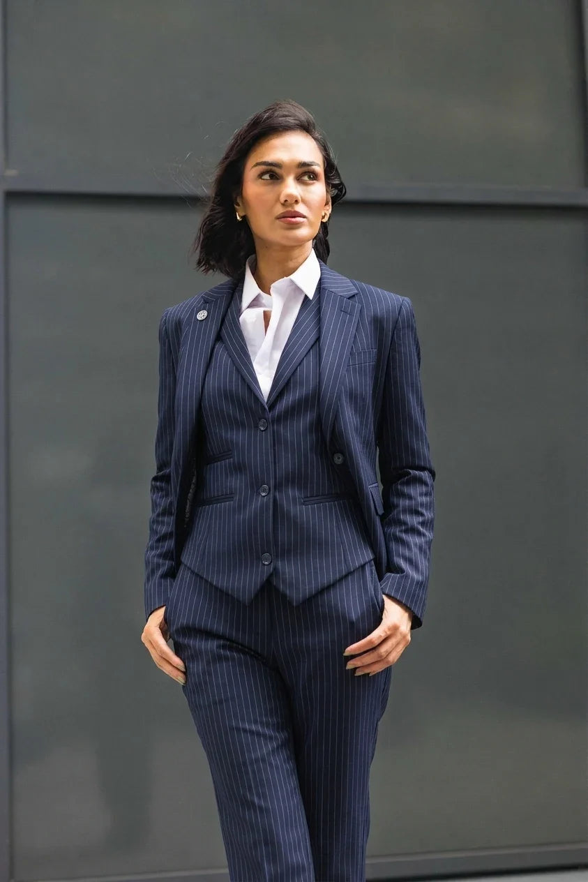 TPW-37 - Women's 3 Piece Navy Blue Pinstripe Suit