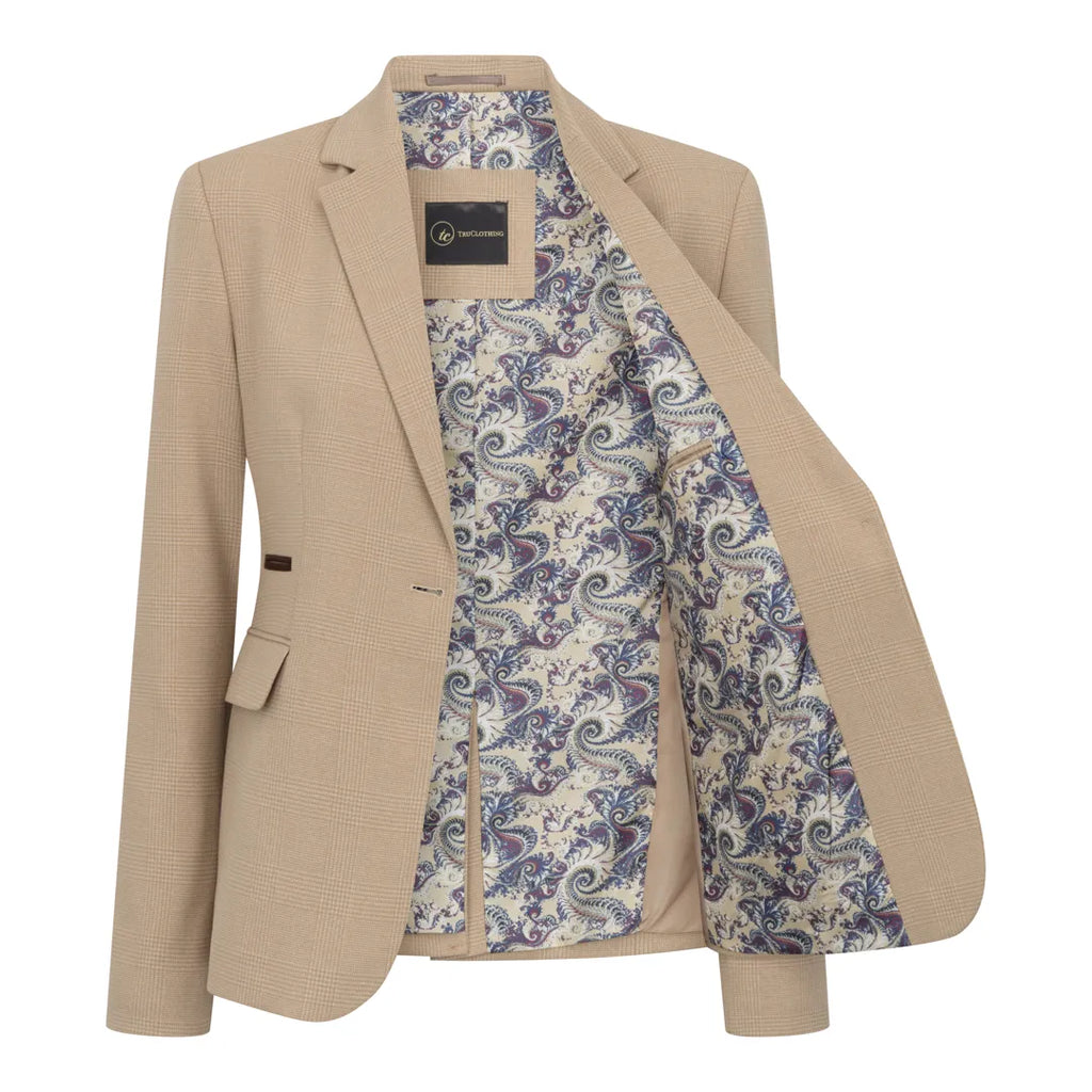 TPW-54 - Women's Cream 3 Piece Prince of Wales Check Suit