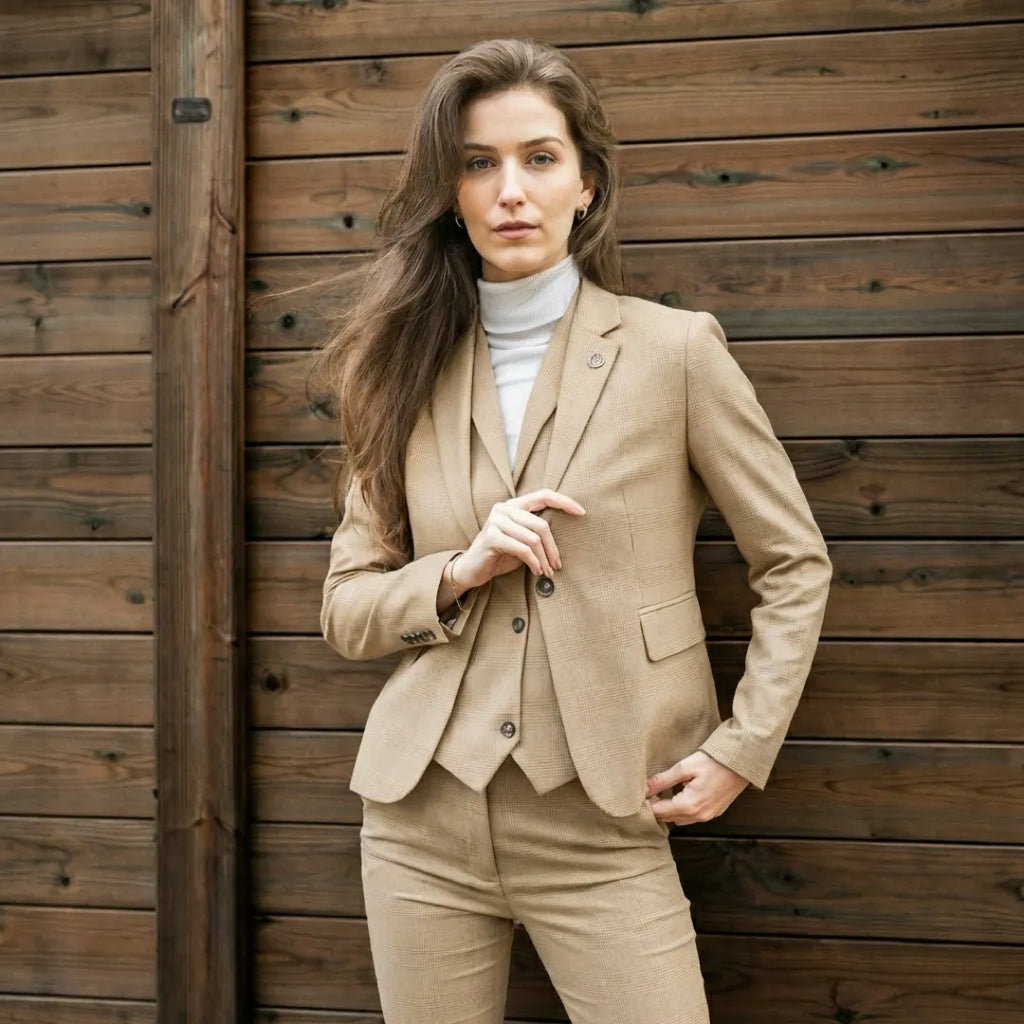 TPW-54 - Women's Cream 3 Piece Prince of Wales Check Suit