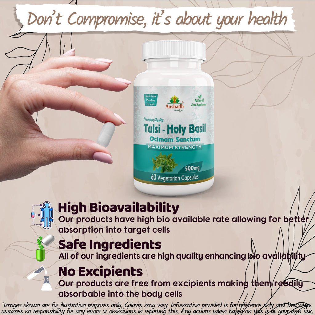 Aushadh Holy Basil Capsules (Tulsi) Stress Balance & Immune Wellness Support - Vegan, Gluten Free, Non-GMO, 60 Capsules