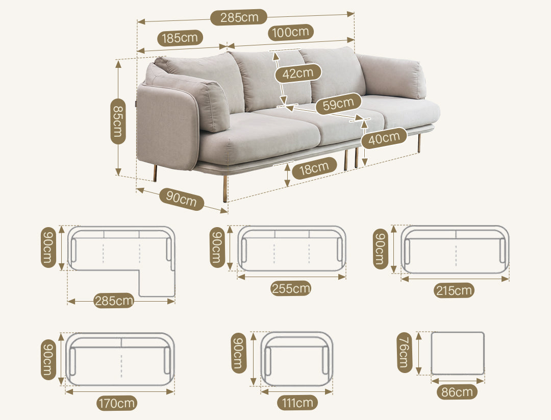 U182 Two Seater, Three Seater, Modular Sofa, Off-White Cotton Linen