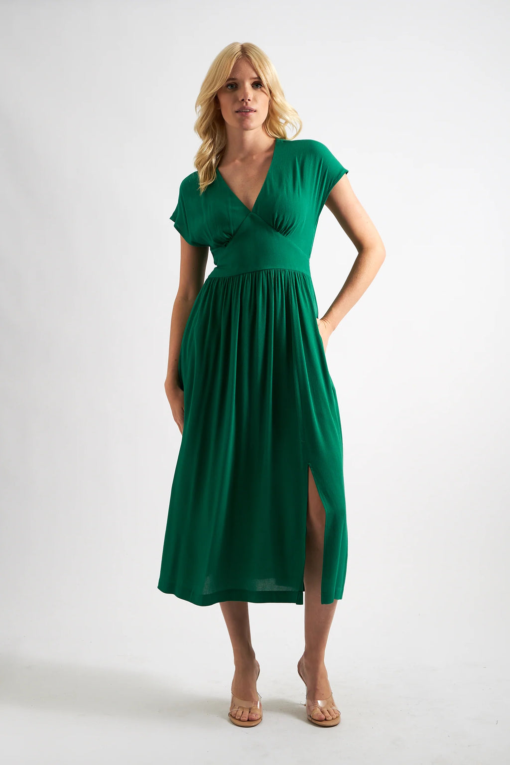 Unity Moss Crepe V-Neck Midi Dress - Green