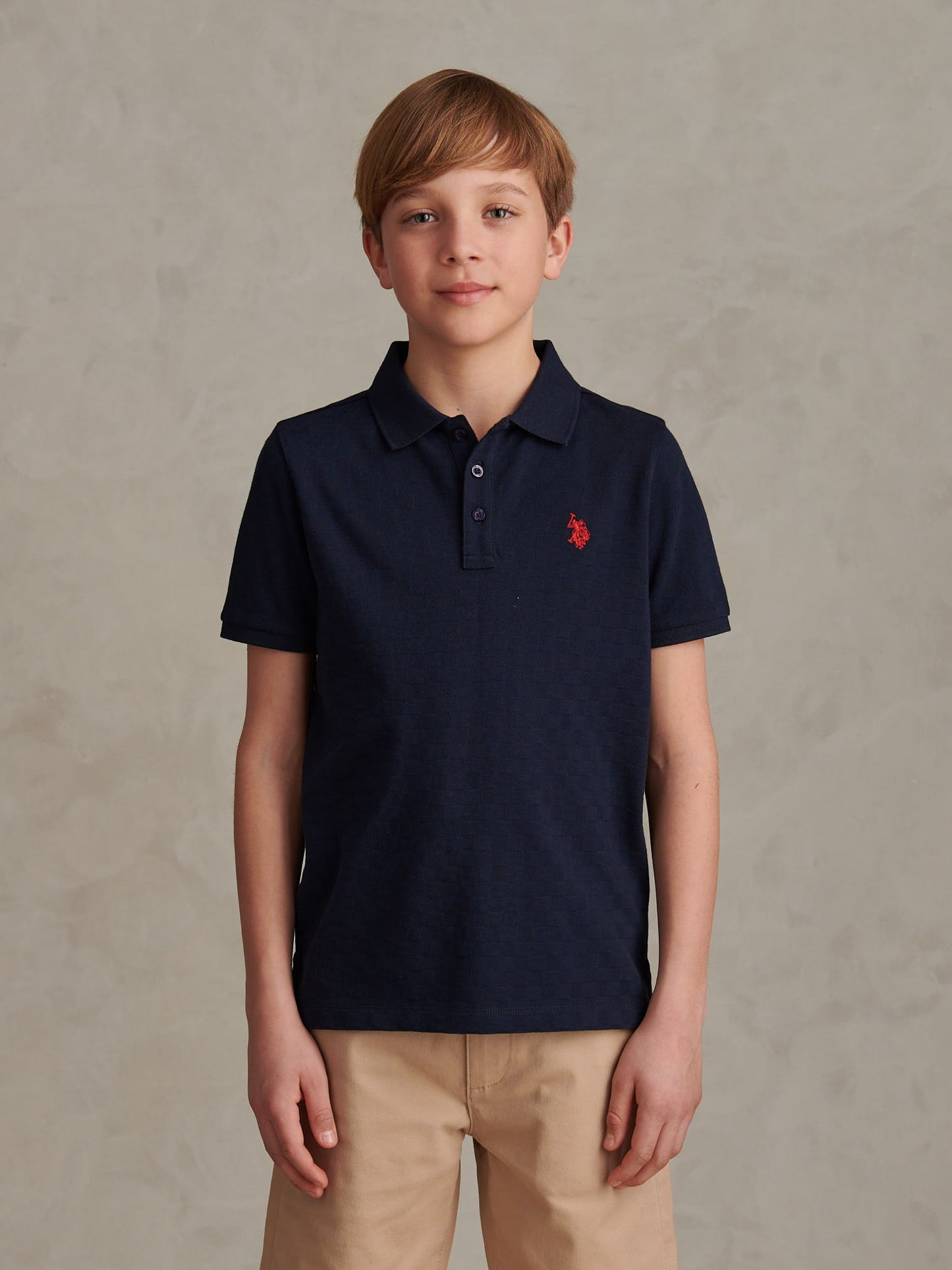 Boys Check Texture Polo Shirt Dark Sapphire Navy / Haute Red DHM