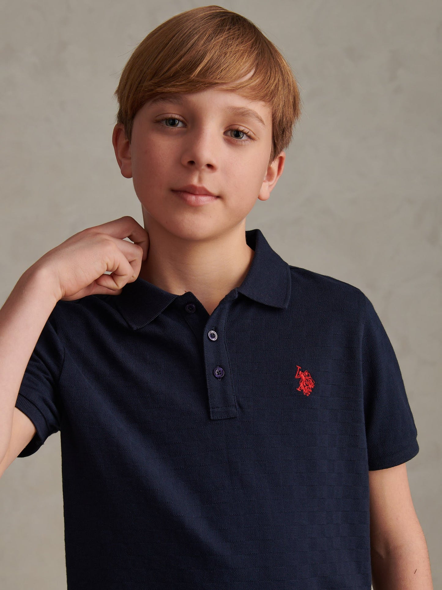 Boys Check Texture Polo Shirt Dark Sapphire Navy / Haute Red DHM