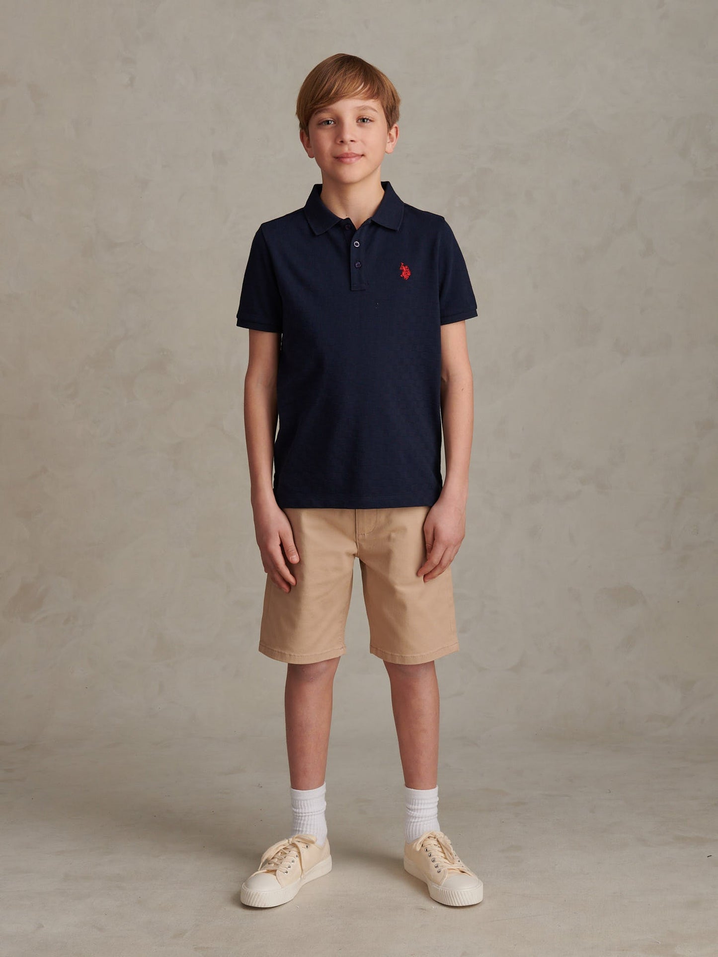 Boys Check Texture Polo Shirt Dark Sapphire Navy / Haute Red DHM