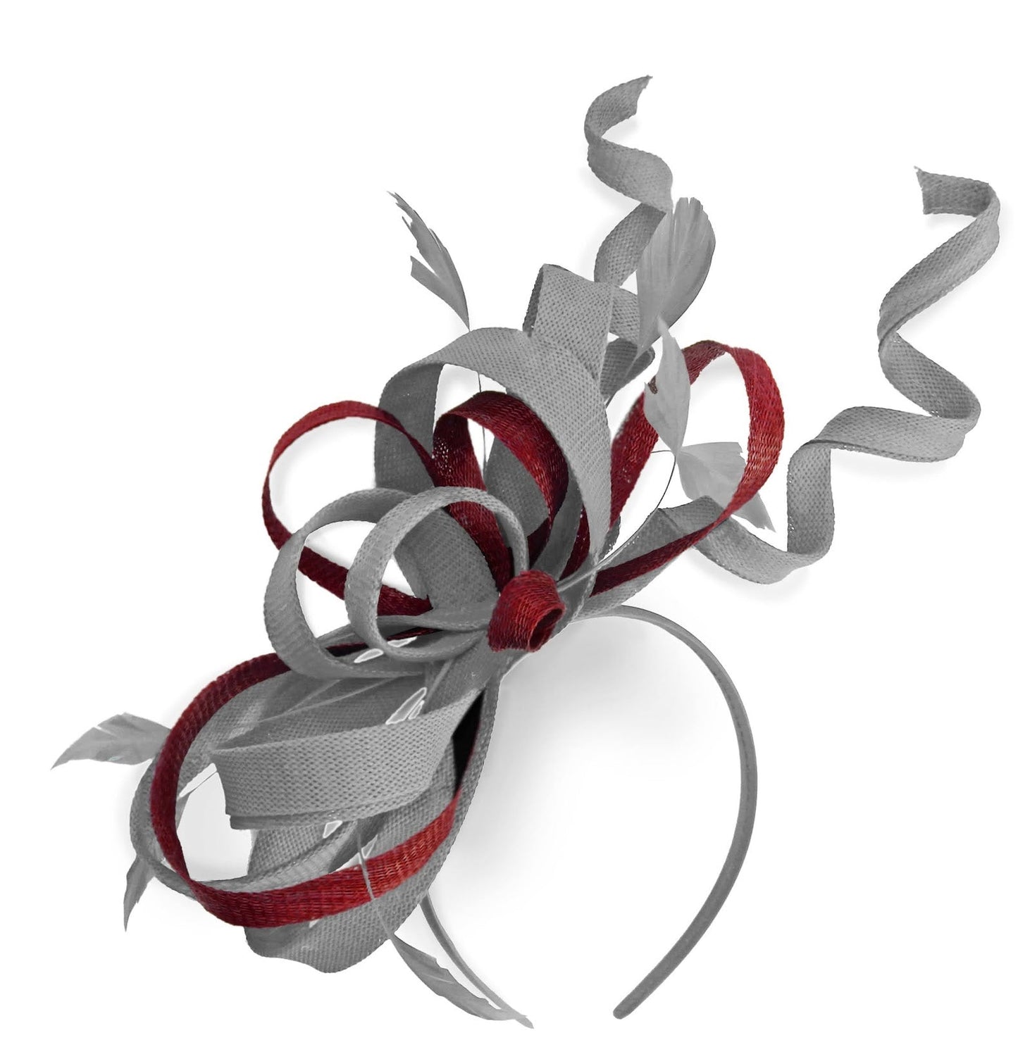 Caprilite Silver Grey and Burgundy Wedding Swirl Fascinator Headband Alice Band Ascot Races Loop Net
