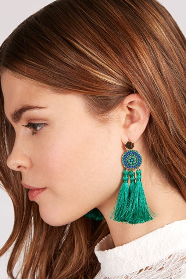 Austen Beaded 3 Tassel Earrings - Green