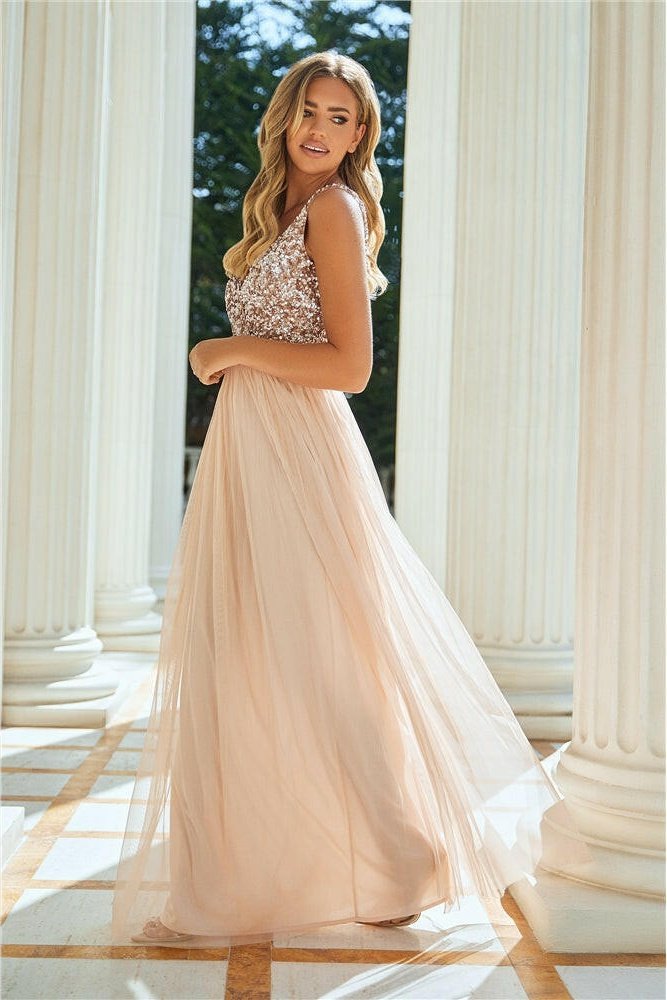 Valeria Blush Sequin V Neck Maxi Dress