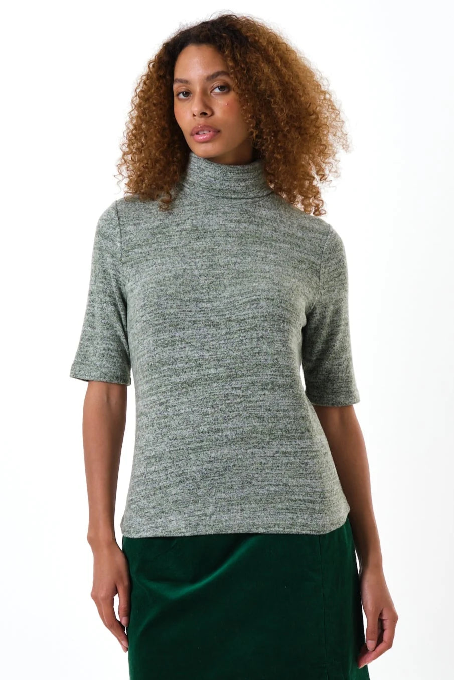 Vista Soft Marl Polo Neck Short Sleeve Top - Green