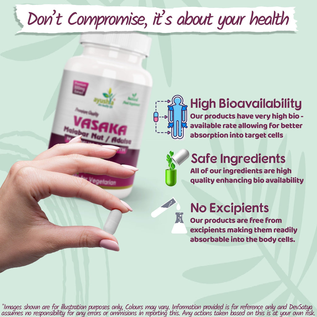 Ayushya Vasaka Capsules (Malabar Nut, Adulsa) Respiratory Comfort Support - Vegan, Gluten Free, Non-GMO, 60 Capsules