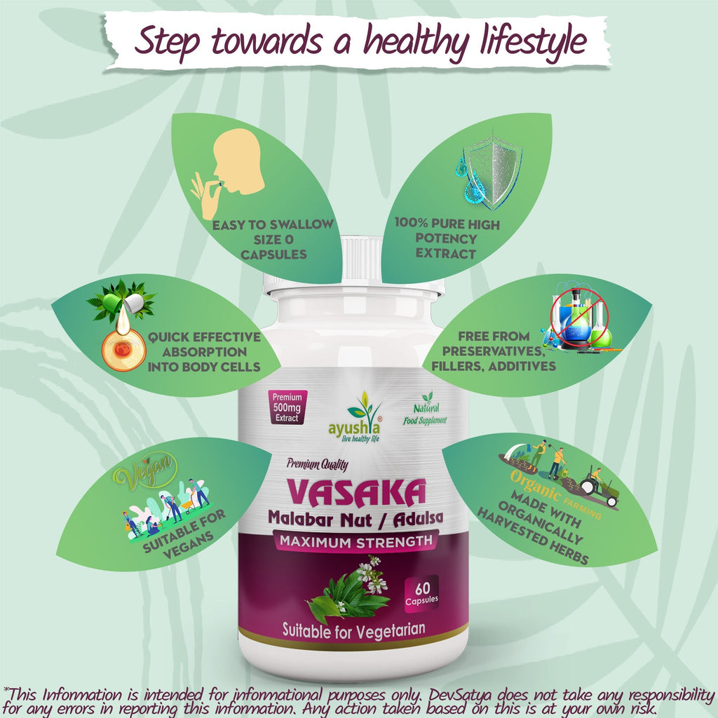 Ayushya Vasaka Capsules (Malabar Nut, Adulsa) Respiratory Comfort Support - Vegan, Gluten Free, Non-GMO, 60 Capsules