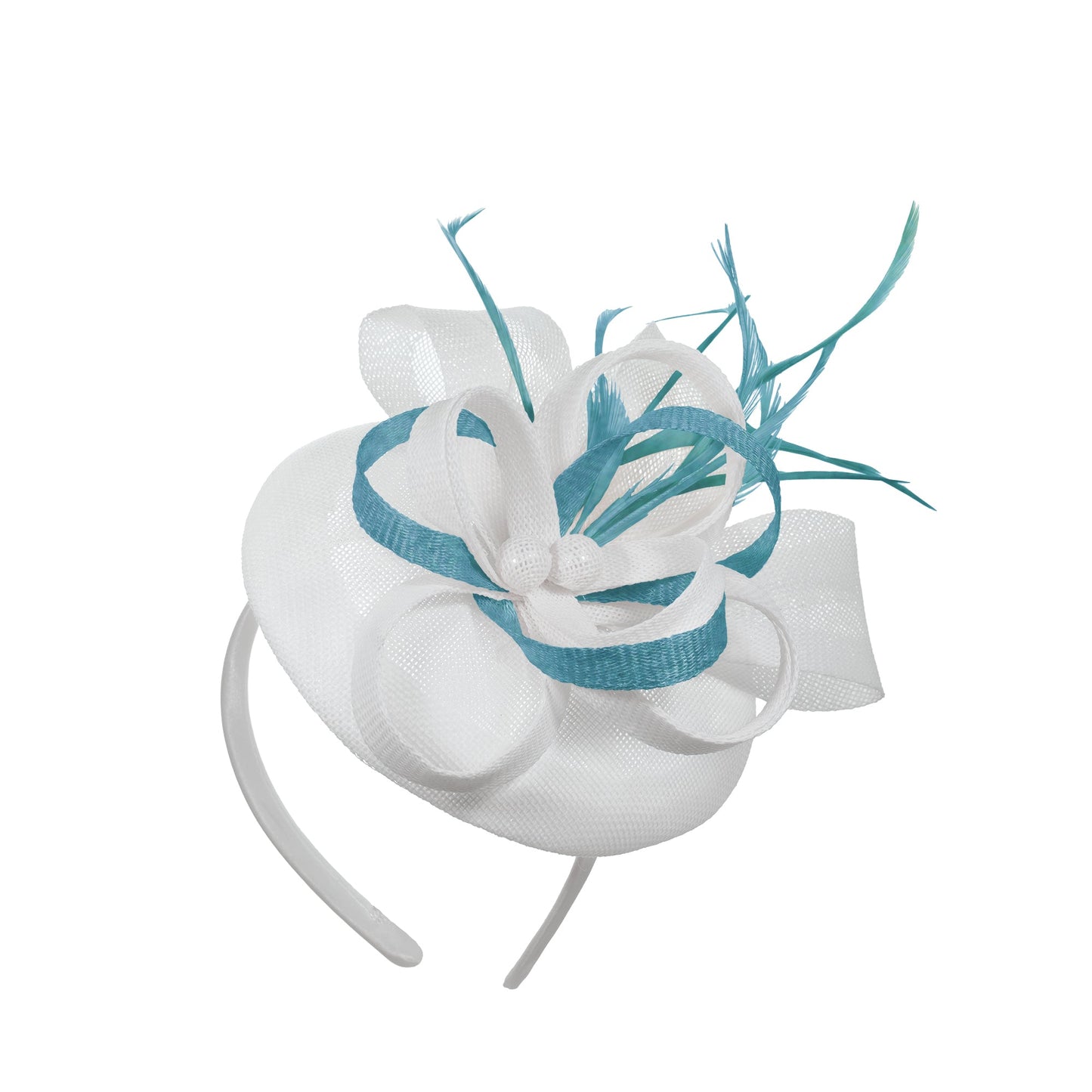 White Aqua Mix Round Pillbox Bow Sinamay Headband Fascinator Weddings Ascot Hatinator Races