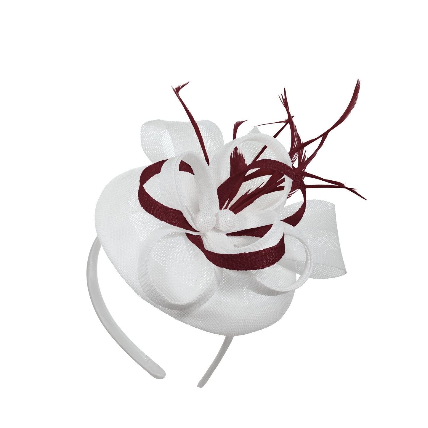 White Burgundy Mix Round Pillbox Bow Sinamay Headband Fascinator Weddings Ascot Hatinator Races