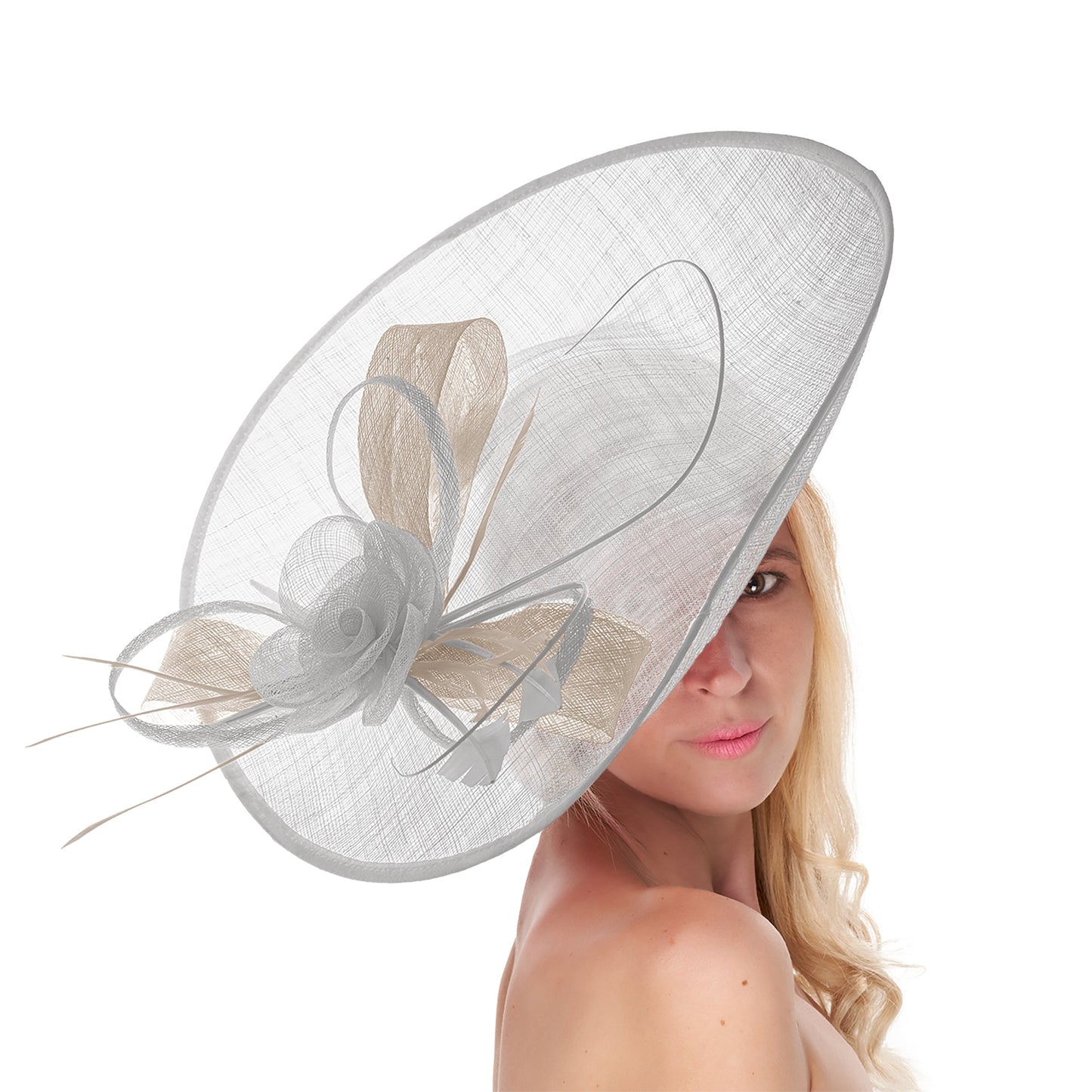 White Cream Mix 41cm Large Sinamay Hatinator Disc Saucer Brim Hat Fascinator on Headband