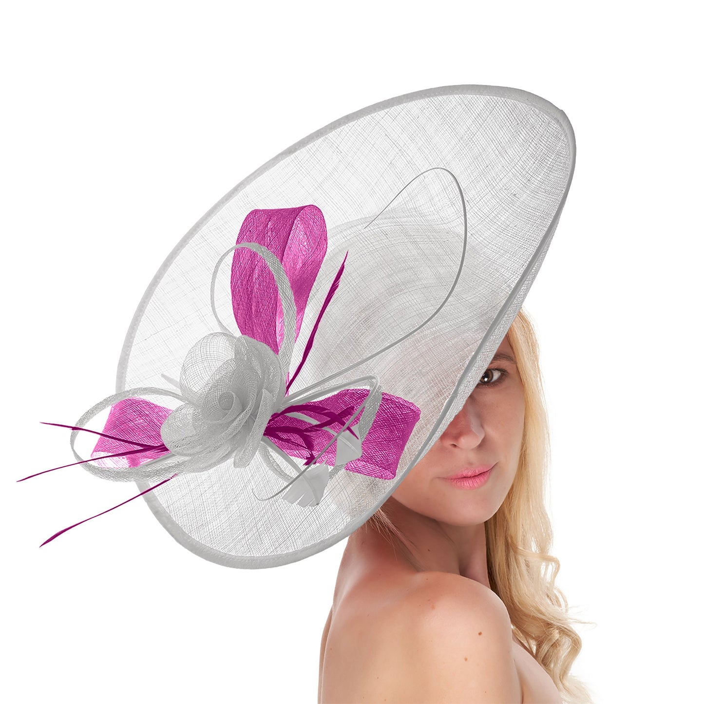 White Fuchsia Mix 41cm Large Sinamay Hatinator Disc Saucer Brim Hat Fascinator on Headband