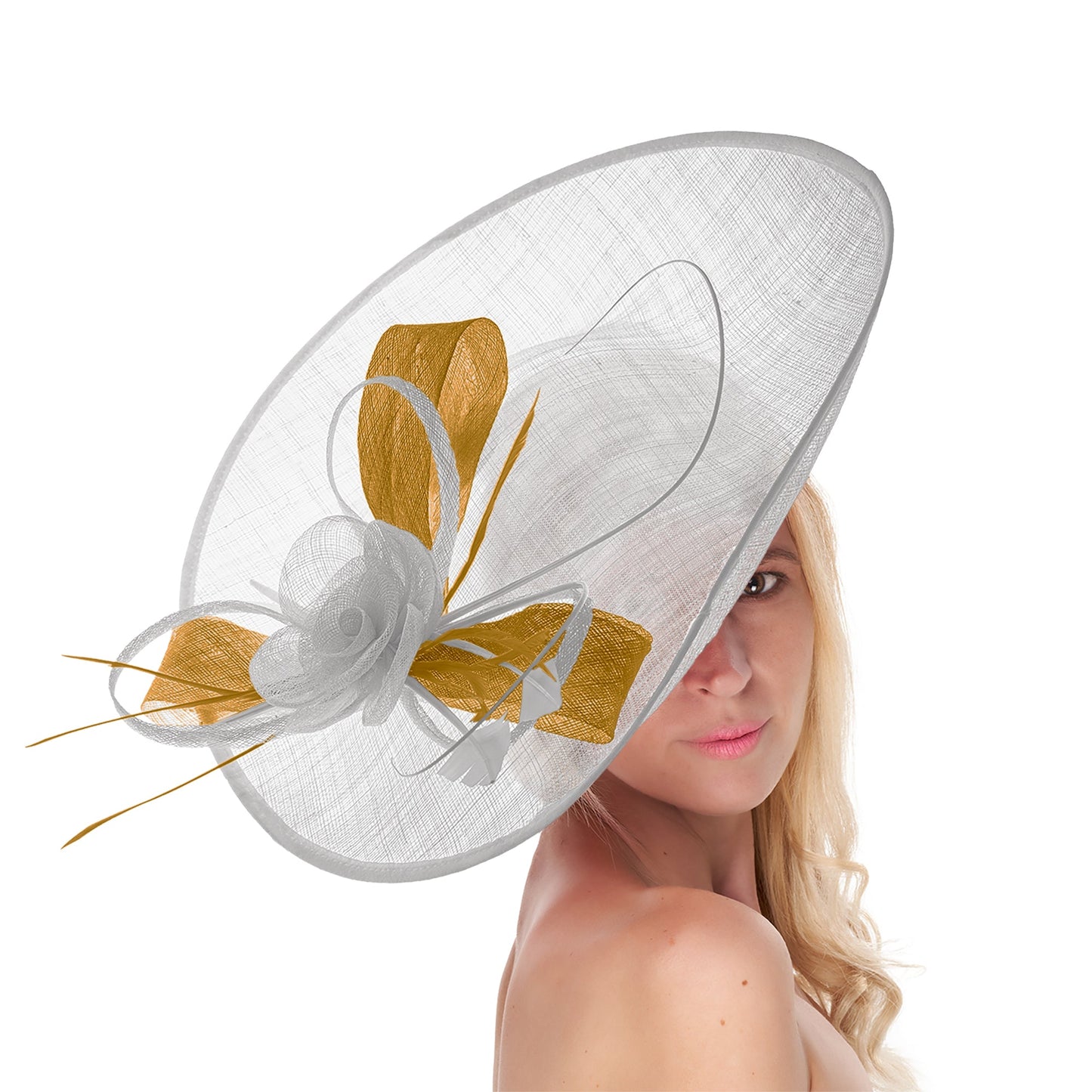 White Mustard Mix 41cm Large Sinamay Hatinator Disc Saucer Brim Hat Fascinator on Headband
