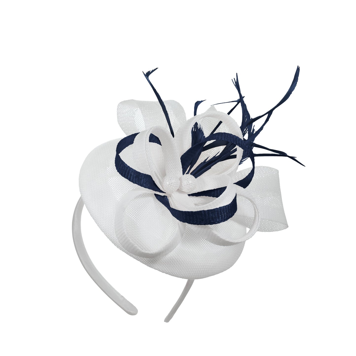 White Navy Mix Round Pillbox Bow Sinamay Headband Fascinator Weddings Ascot Hatinator Races