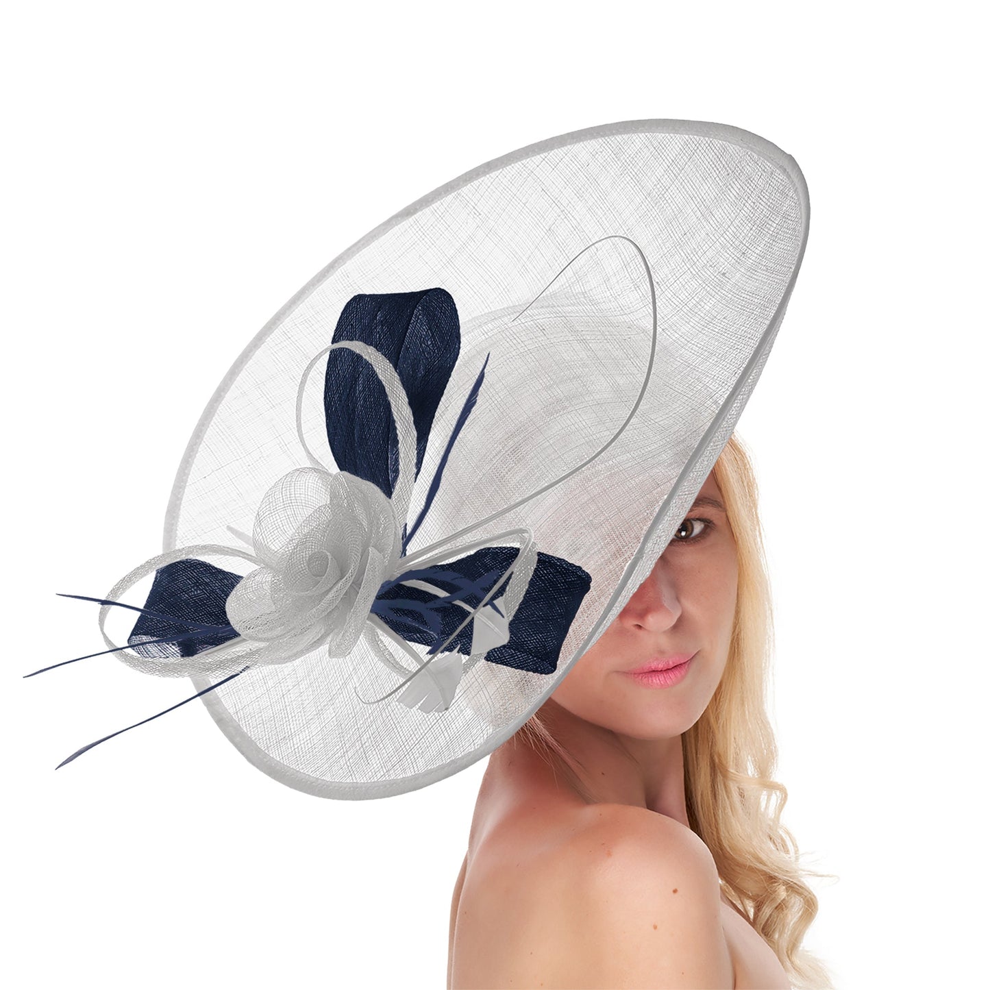 White Navy Mix 41cm Large Sinamay Hatinator Disc Saucer Brim Hat Fascinator on Headband