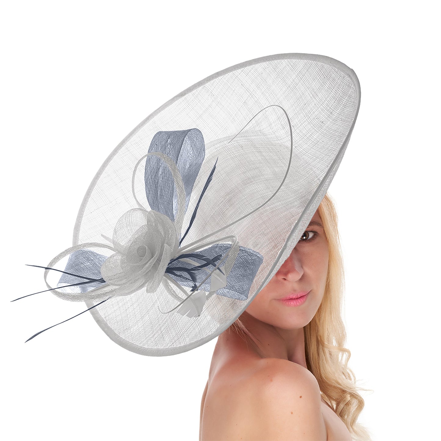 White Silver Mix 41cm Large Sinamay Hatinator Disc Saucer Brim Hat Fascinator on Headband