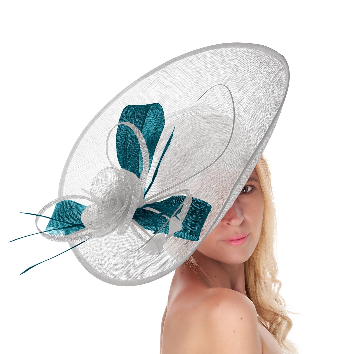 White Teal Mix 41cm Large Sinamay Hatinator Disc Saucer Brim Hat Fascinator on Headband