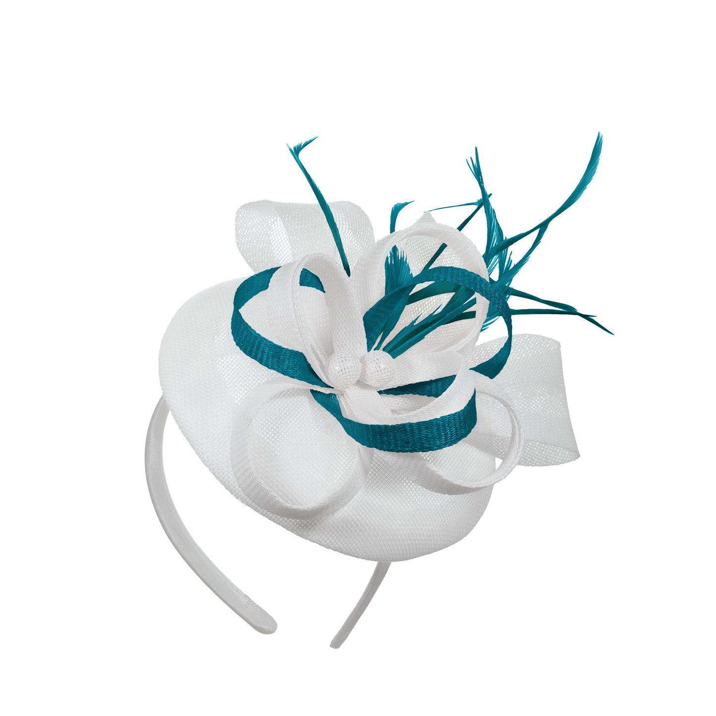 White Teal Mix Round Pillbox Bow Sinamay Headband Fascinator Weddings Ascot Hatinator Races