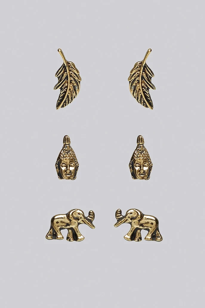 Wilder 3 Pack Elephant Tribal Gold Earrings