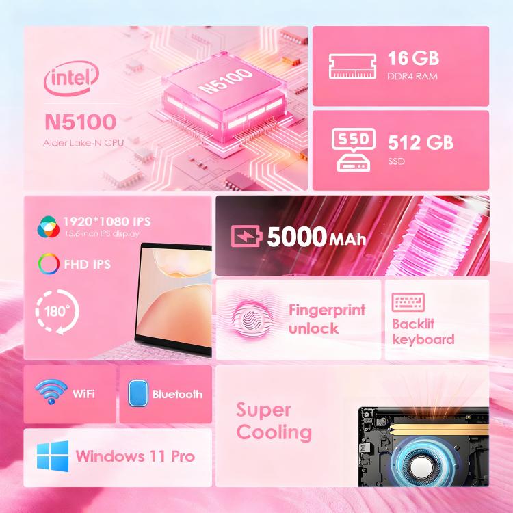GXMO T152J 15.6 inch Laptop, 16GB+512GB, Windows 11 Pro Intel Celeron N5100 Quad Core, Support Fingerprint Unlock, UK Plug, 16GB+512GB, UK Plug