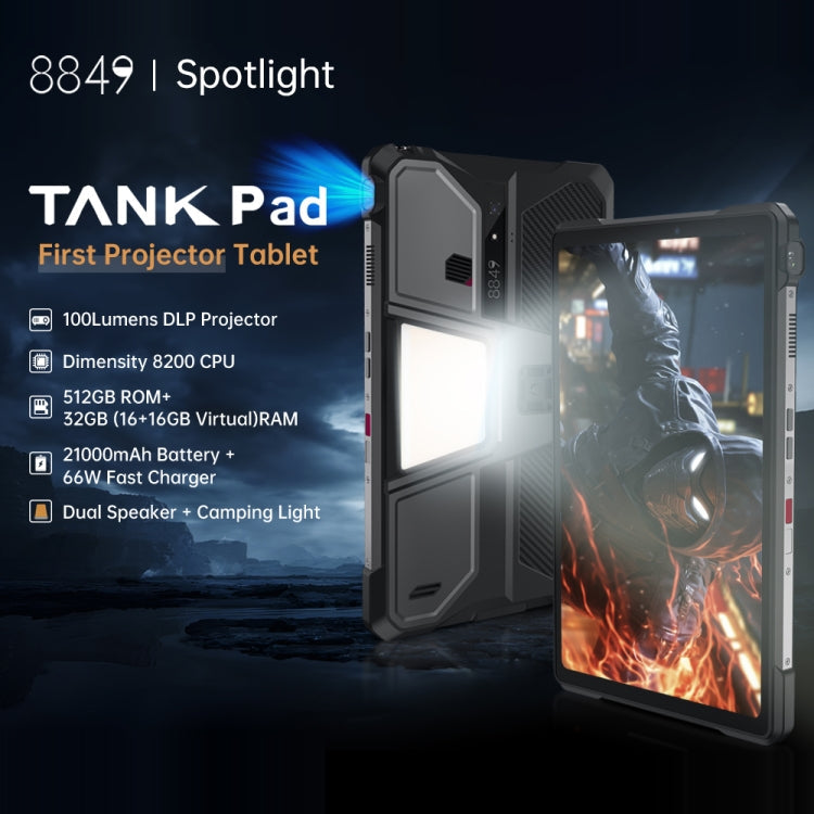 Unihertz 8849 Tank Pad Rugged Tablet PC & Projector, 16GB+512GB, 10.95 inch Android 14 Dimensity 8200 Octa Core 5G Network, EU Plug, Tank Pad