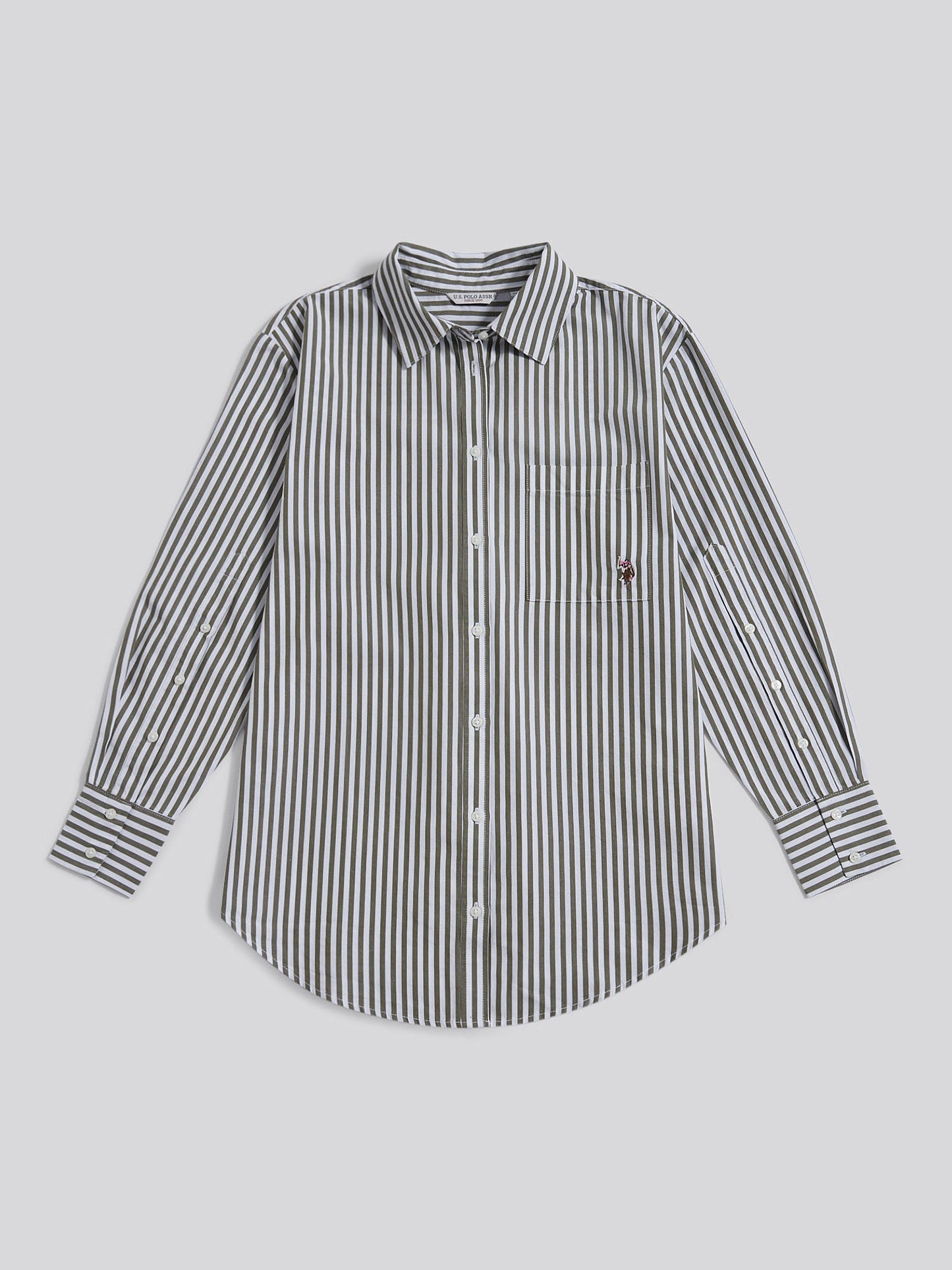 Womens Cotton Poplin Loose Fit Stripe Shirt in Kalamata Green