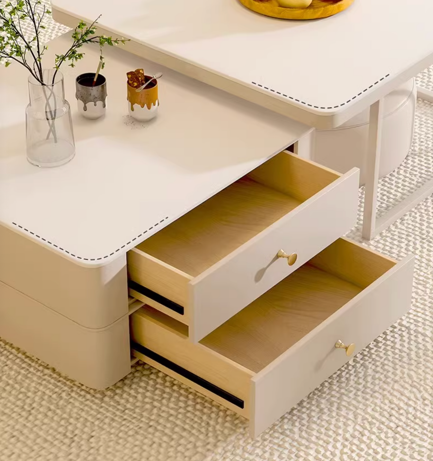 Eclipse Nesting Coffee Table Set With Matching Ottoman, Cream