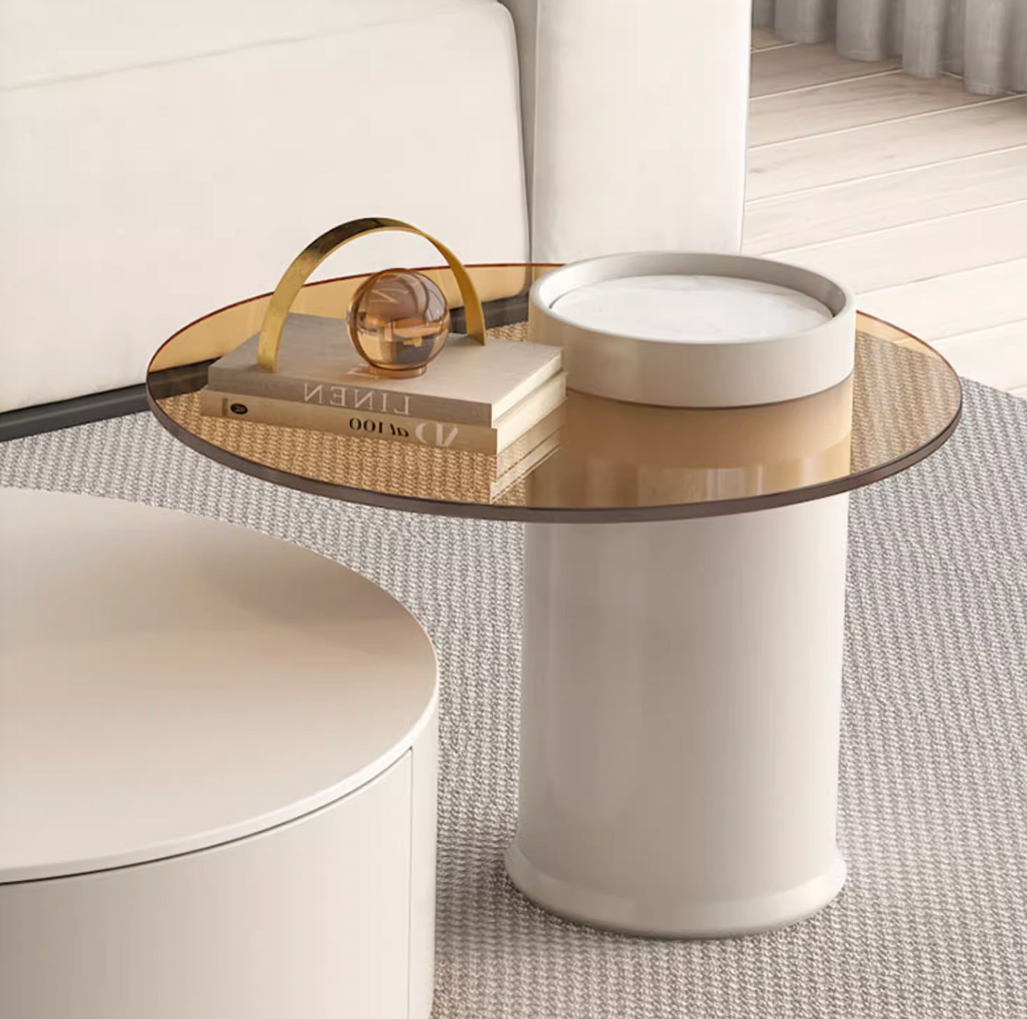 Riviera Round Nesting Coffee Table Set With Ottoman, White