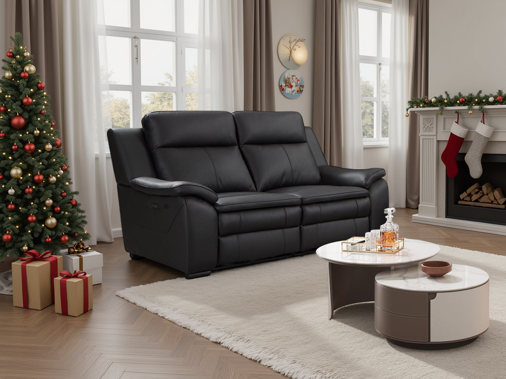 Boston 2-Seater Electric Recliner Sofa | Black Genuine Leather