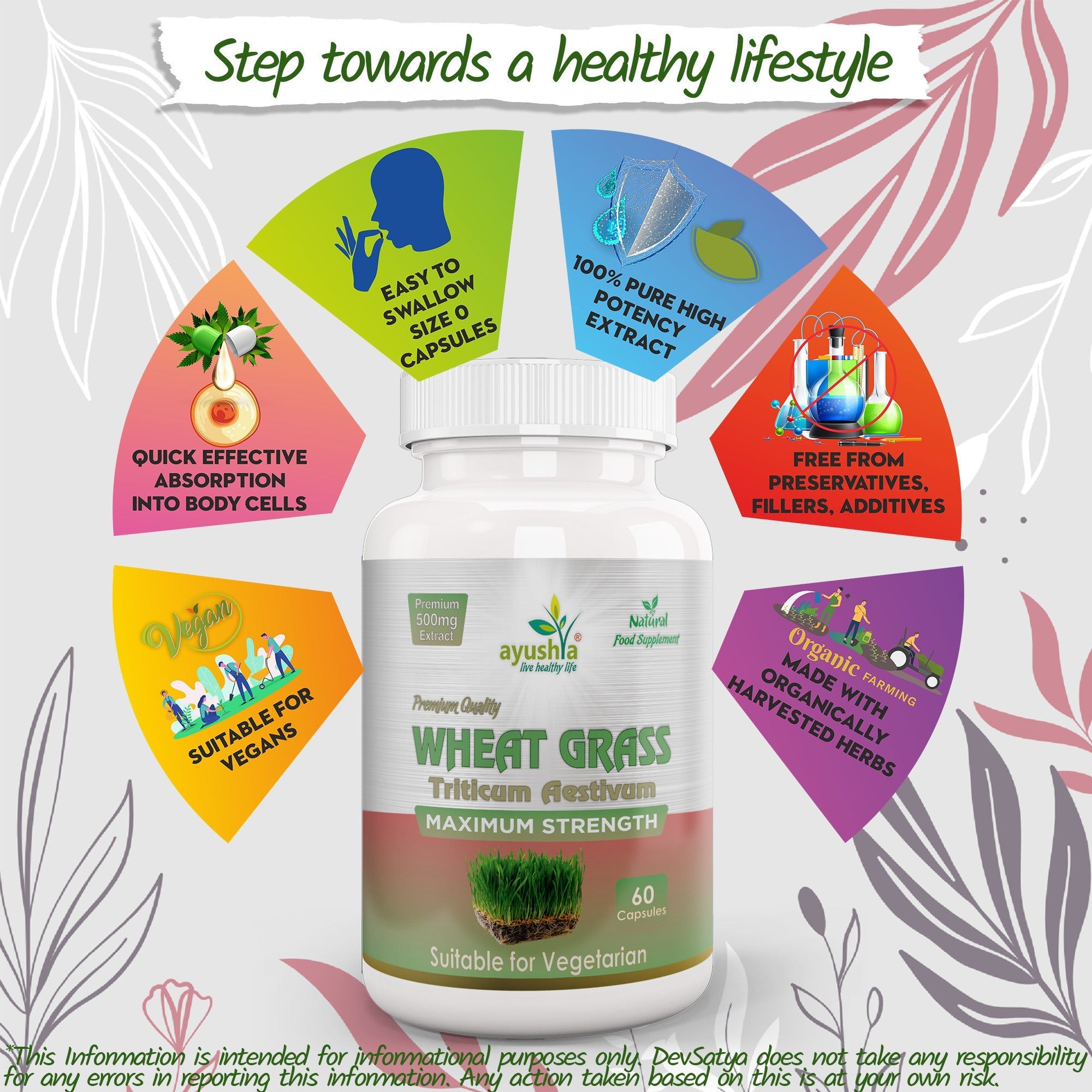 Ayushya Wheat Grass Capsules (Wheatgrass) Daily Greens & Antioxidant Support - Vegan, Gluten Free, Non-GMO, 60 Capsules